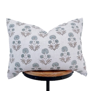 Block Print Linen Pillow cover : gray green floral and camel color design