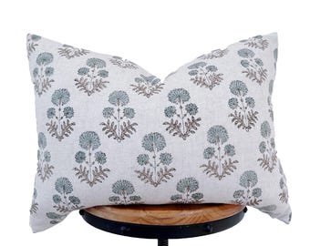 Block Print Linen Pillow cover : gray green floral and camel color design