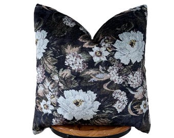 New / vintage floral pillow cover, blue and black floral