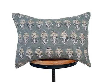 NEW/ block print linen lumbar pillow cover . gray grey / tan / gray  floral design