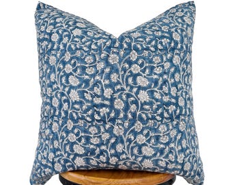 NEW/ Block Print Linen Pillow Cover: Blue Floral Design