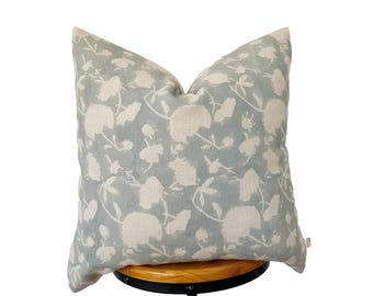 Block Print Linen Pillow Cover: Light Blue Floral Design