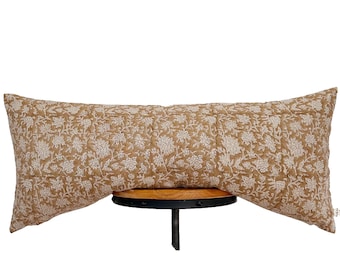 Block Print Linen Lumbar Pillow Cover: Camel Floral Design