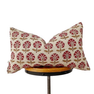 Block print linen pillow. red and mustard yellow  floral pillow cover, lumbar pillow cover. 12x20”14x20”14x30”14x34”
