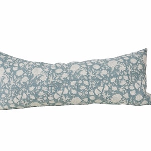 Block print linen pillow, antique blue and natural floral linen pillow cover, lumbar pillow cover 12x20”14x30”14x30”14x34”14x46”