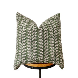 Block print linen pillow, green/gray /black striped natural linen pillow cover