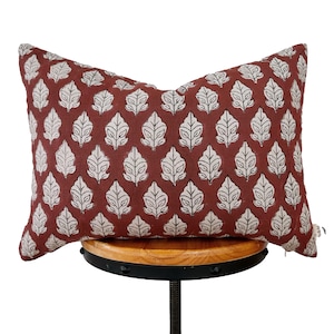 Hand block print pillow cover, rusty red and natural floral pillow cover ,Natural linen floral pillow cover.