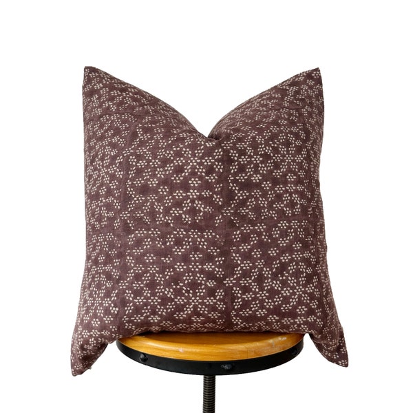 Block Print Linen Pillow Cover: Dark Plum Floral Design
