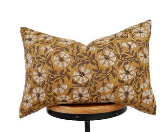 Block Print Linen Lumbar Pillow Cover: Mustard Yellow & Brown Floral