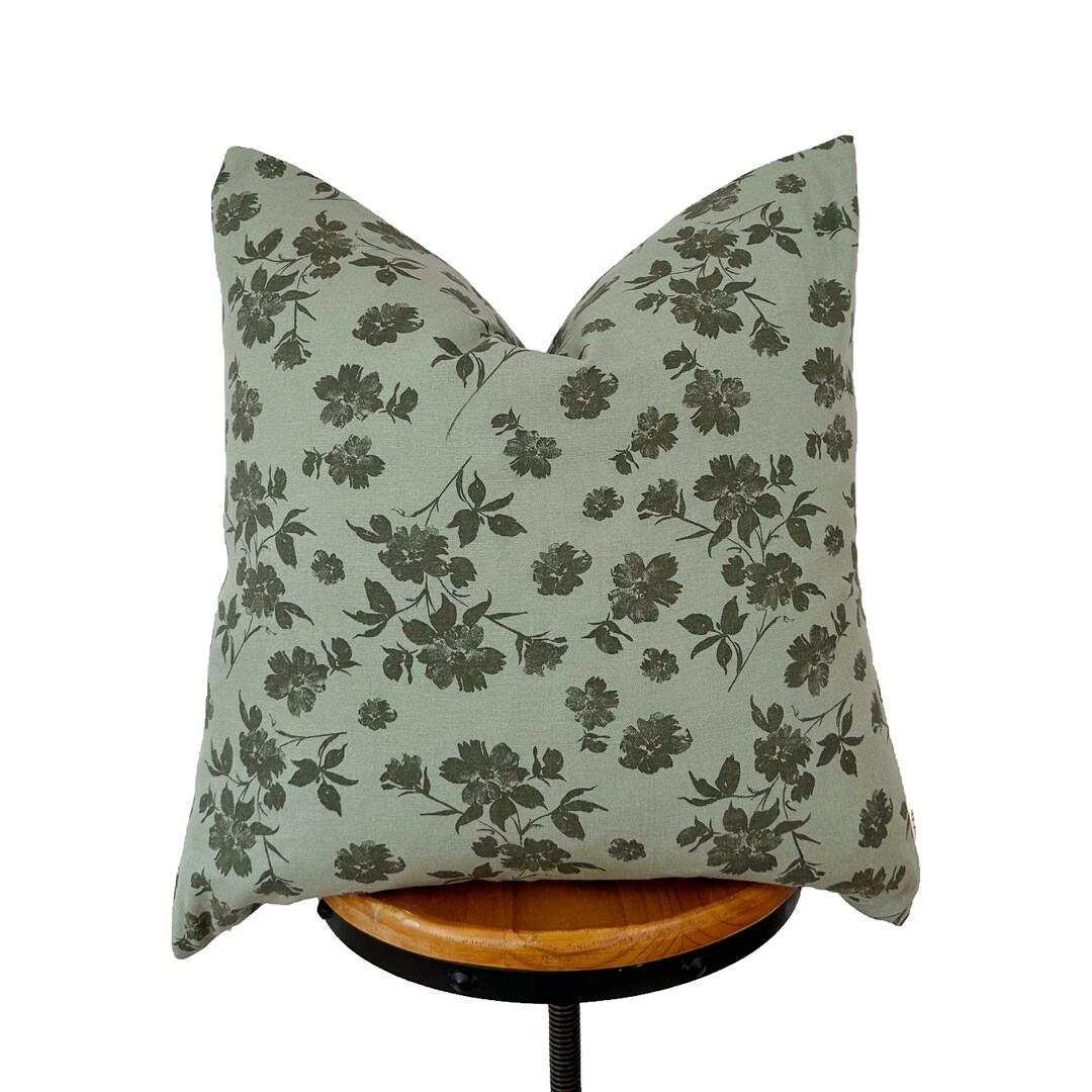 Designer Fabric Pillow Cover, Sage Green Floral Pillow Cover, Both