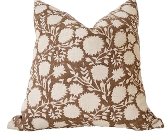 Block Print Linen Pillow Cover Set: Brown Floral