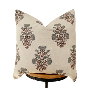 block print pillow. gray and rusty floral pillow cover.natural linen pillow cover