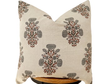 block print pillow. gray and rusty floral pillow cover.natural linen pillow cover