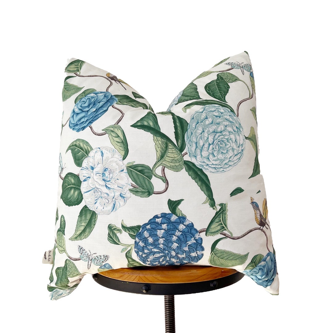 Designer Fabric Pillow, Green /blue /ivory White Floral Pillow Cover Etsy