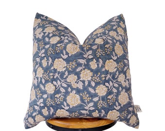 Block print linen pillow, antique blue and yellow floral pillow cover