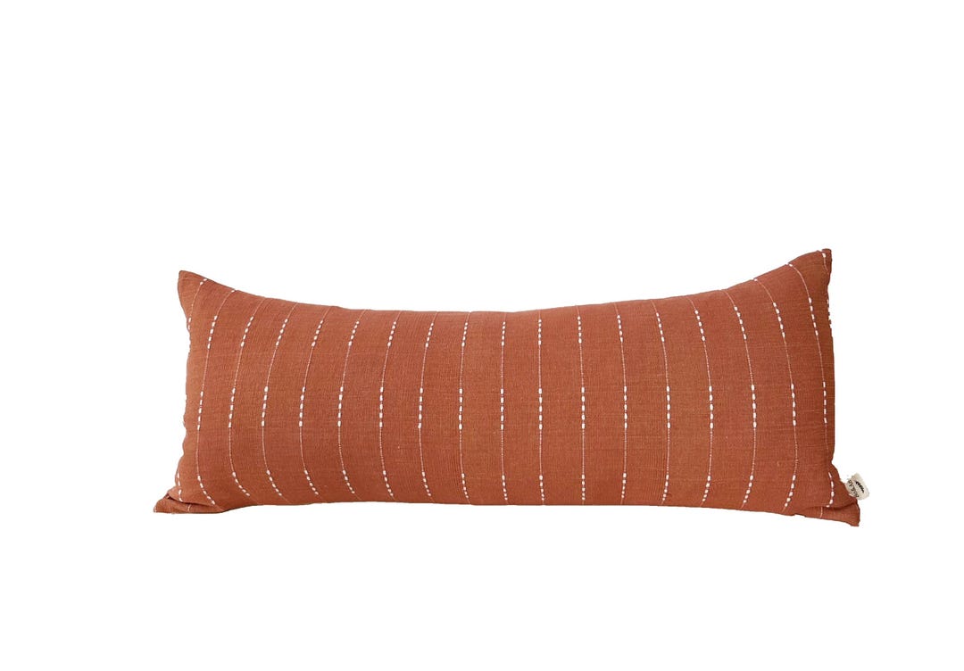 Hand Woven Fabric Pillow Cover . Rusty and White Striped Pillow Cover