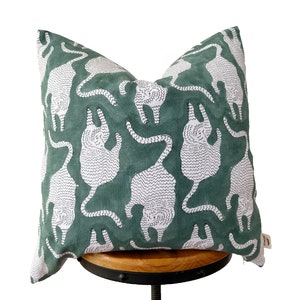 block print white linen pillow cover , green and white color pillow cover.