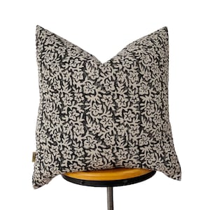 Block print linen pillow, black floral and natural linen pillow cover