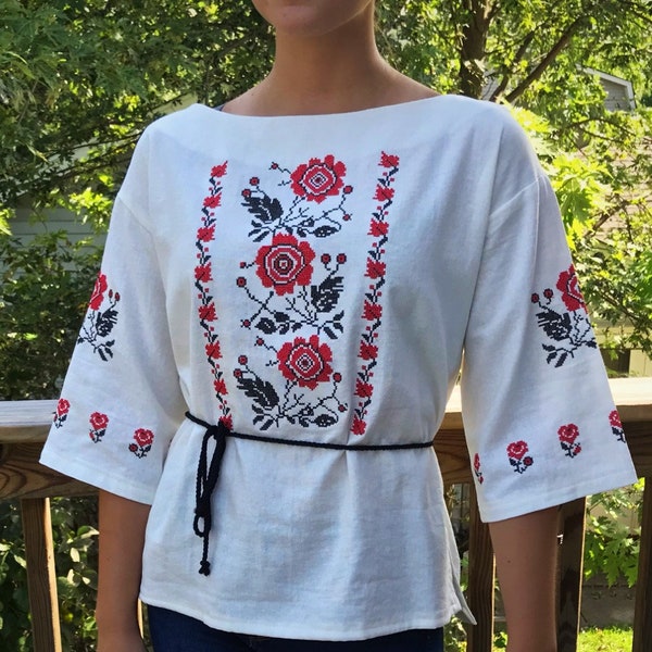 Linen Embroidered Tunic Blouse, Vyshyvanka, Linen Cross Stitch Slavic Top, Embroidery Peasant Blouse, Flower Floral Tunic