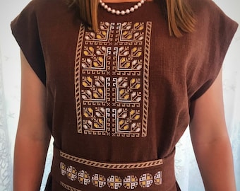 Linen Embroidered Dress, Embroidered Fashion, Brown Embroidery Dress, Sleeveless Brown Linen Embroidered Dress, Slavic Dress