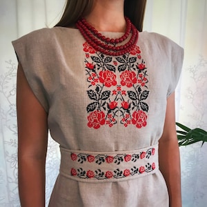 Ukrainian Vyshyvanka Dress, Summer Linen Embroidered Dress, Summer Sleeveless Vyshyvanka, Ukrainian Flower Rose Embroidery