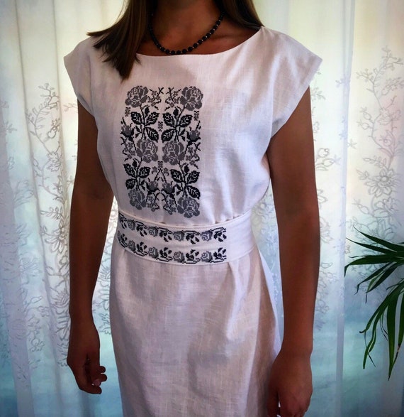 white linen embroidered dress