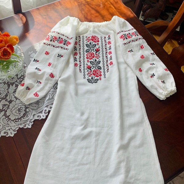 Girls Vyshyvanka Dress, Spring Girl Blouse, Traditional Rose Embroidery, Linen Rayon Tunic