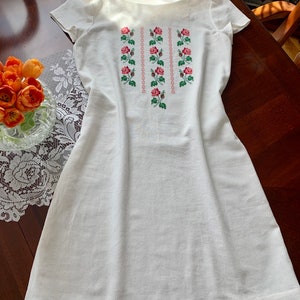 Womens Linen Embroidered Dress, Rose Vintage Embroidery, Ukrainian Vyshyvanka, A-line Linen Rayon Tunic