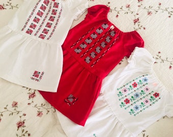 Girls Red Embroidered Dress, Linen Geometric Cross Stitch Peasant Dress, Ukrainian Girl Embroidery Outfit, European Toddler, Slavic Baby