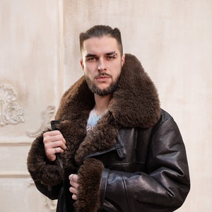 Mens Long Shearling Sheepskin Coat in Brown Color With Wide - Etsy