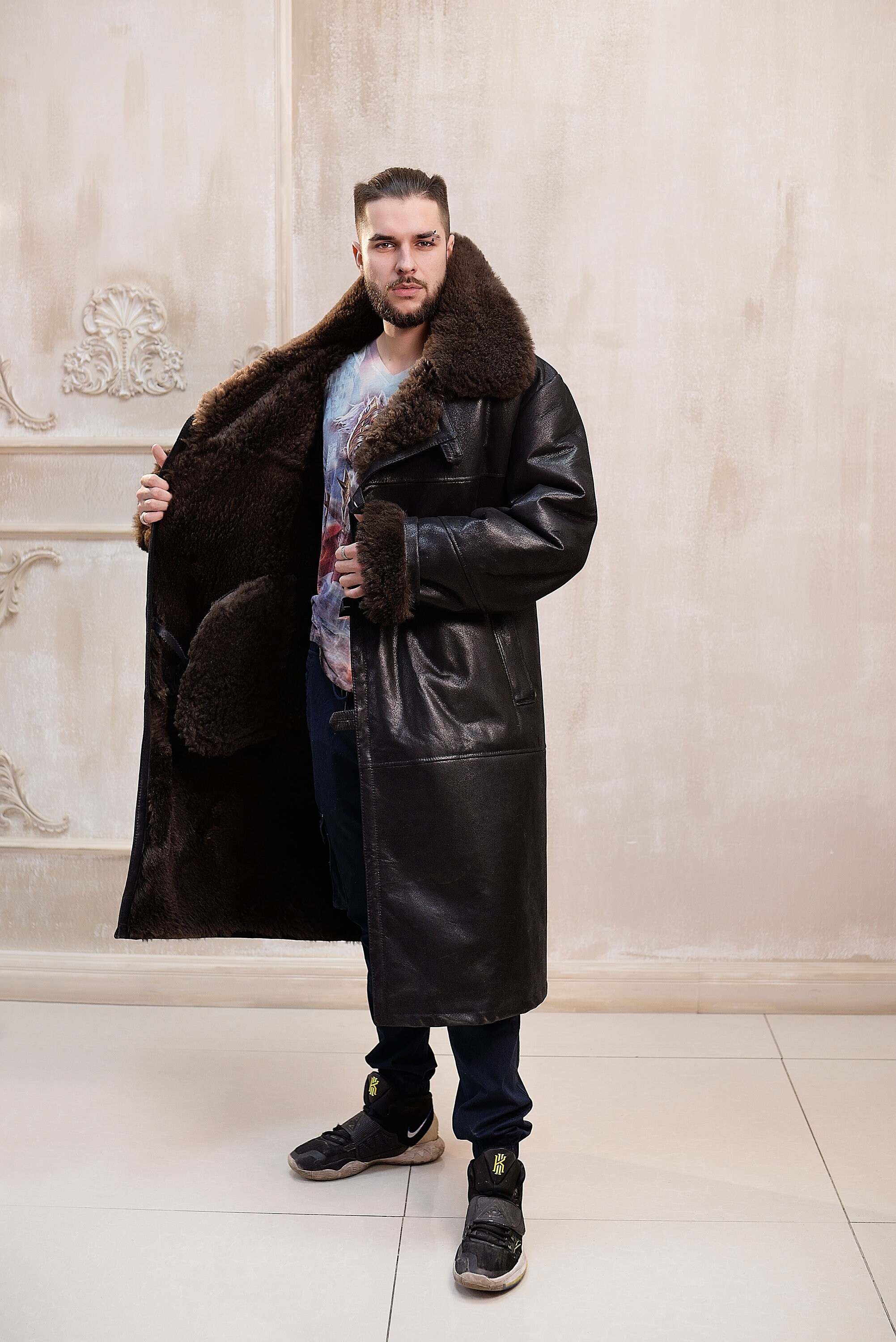 Mens Long Shearling Sheepskin Coat in Brown Color With Wide - Etsy