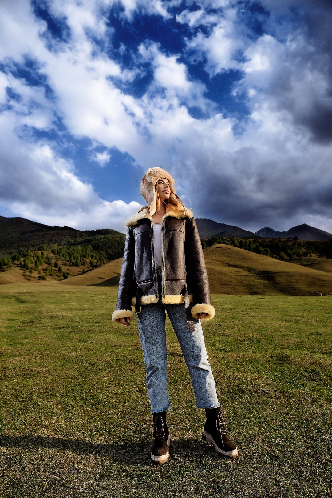 Brown Shearling Jacket Women With Contrasting Fur Lining and Etsy