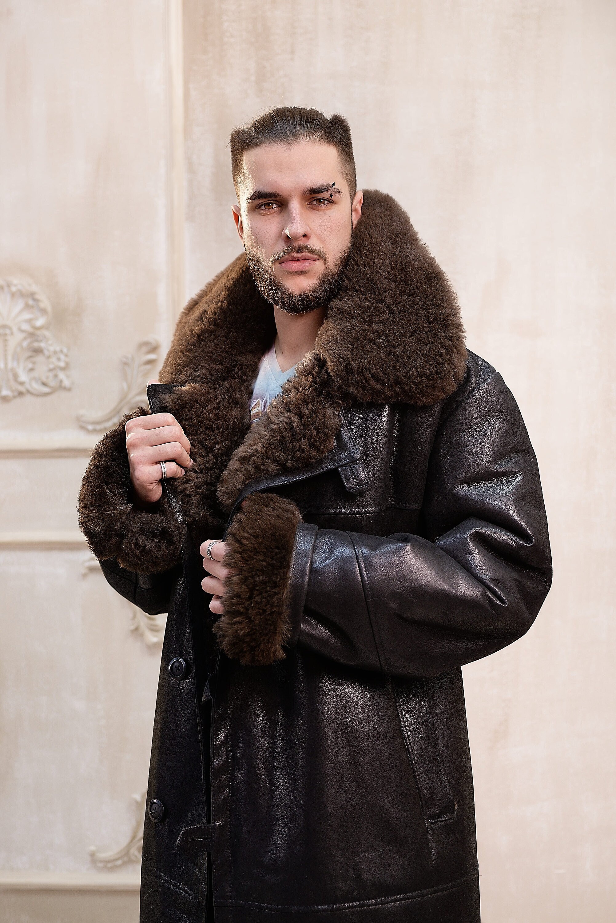 Mens Long Shearling Sheepskin Coat in Black Color with Wide Grey Fur Collar