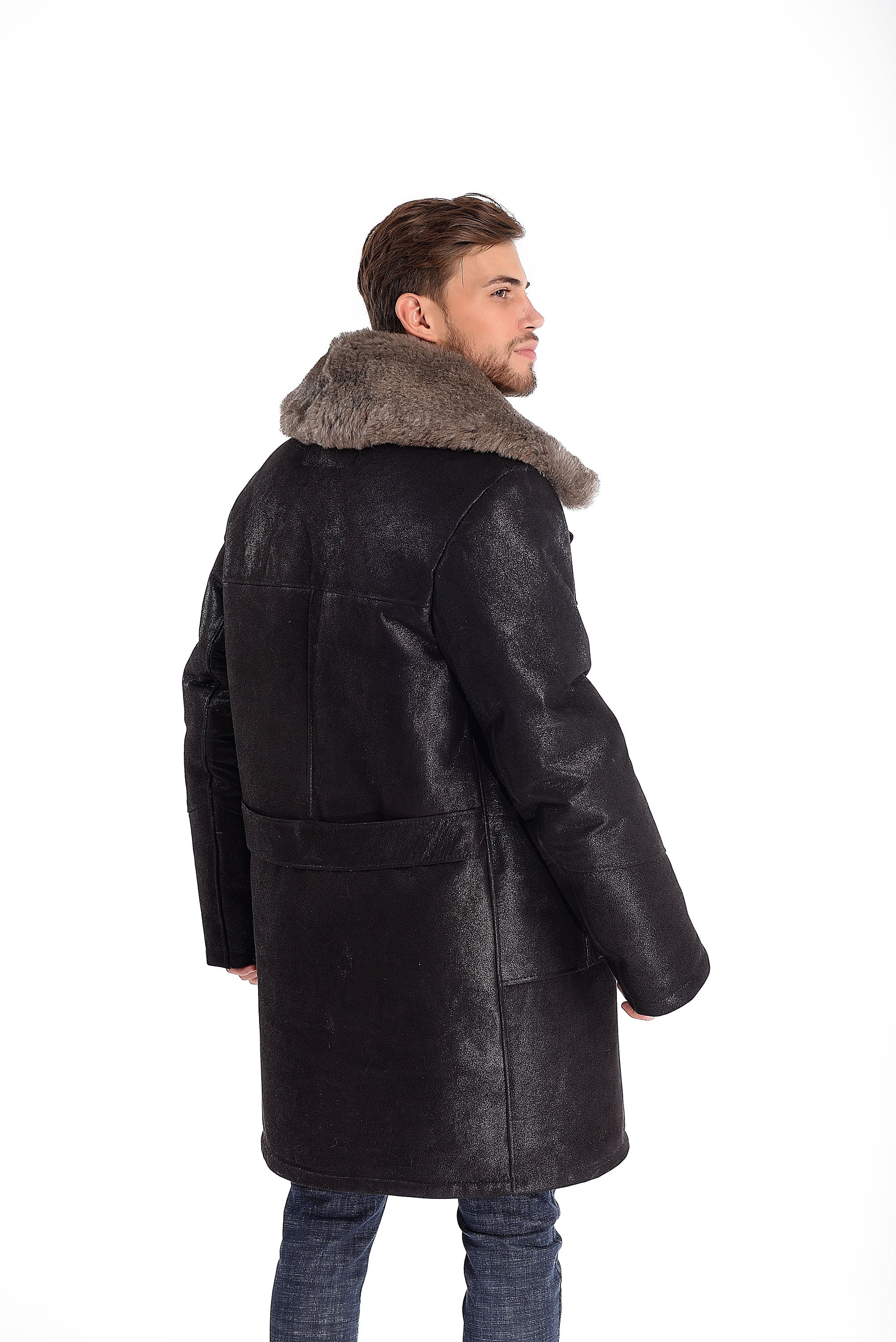 Men's Long Shearling Sheepskin Coat With Wide Grey Fur Collar - Etsy