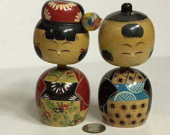 Kokeshi Bobblehead Dolls, Japan, 1970’s, Handcarved, Handpainted, Male And Female