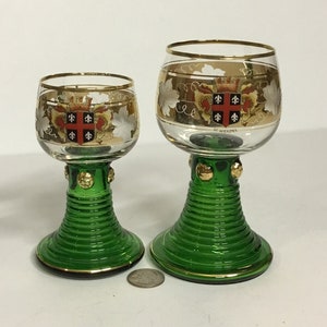 German Crystal Roemer Goblets, Transparent Green, Beehive, Gold Trim, Wine