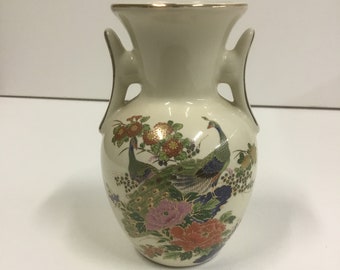 Vintage oriental vase handpainted peacocks and flowers
