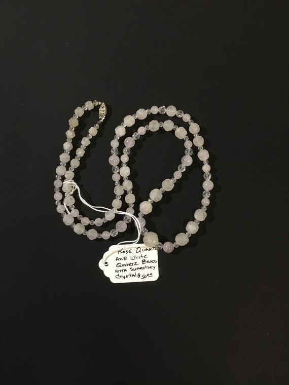 28in Rose Quartz And White Crystal Beads With Swa… - image 1