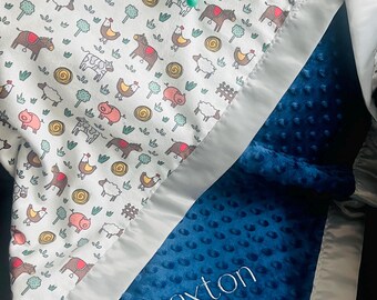 Silky Satin Edge Monogram Blanket- Animals Baby Horse Pig- Personalized Shower Gift