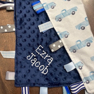 Trucks Animals Baby Tag Blanket- Personalized Minky & Flannel Lovey