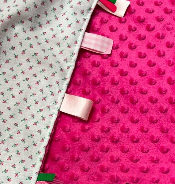 Tag Blanket for Baby Girl- Roses, Rosebuds- Custom Lovey, New