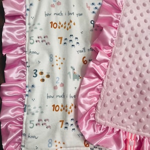 Ruffle Satin Pink Trim- Custom New Baby Girl Plush Minky Name Blanket