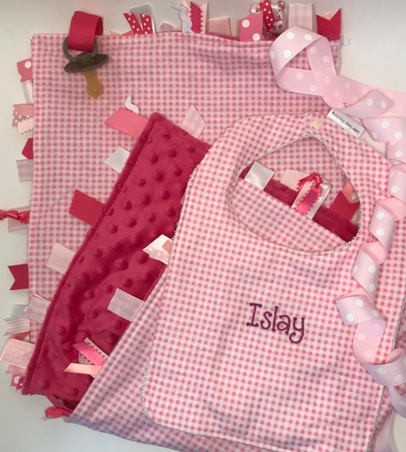 Bedding Twinkle Stars Tag Sensory Flannel Lovey Personalized Minky Flannel Ribbons Baby Blanket