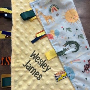 Customized Safari Animals Flannel Minky Tag Ribbons Baby Blanket – Sensory Lovey