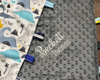 Personalized Flannel & Minky Baby Blanket: Embroidered Name, Sensory Tag Ribbons