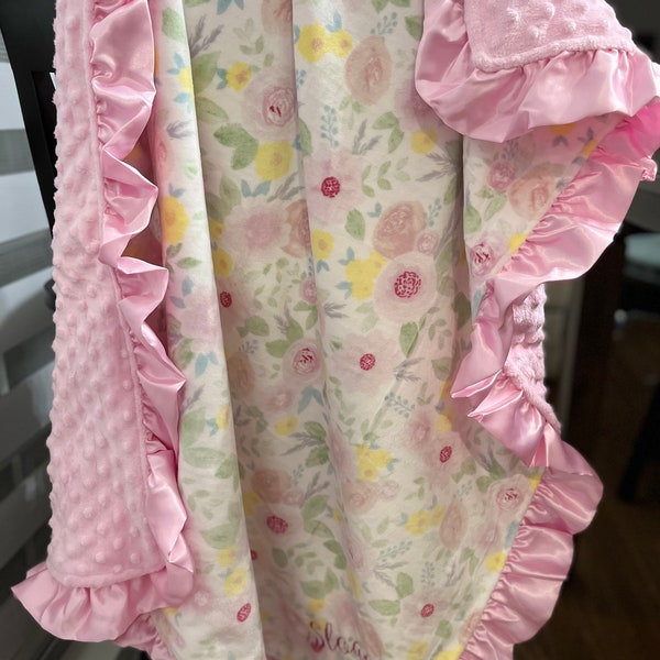 New Baby Girl Plush Minky Name Blanket- Custom with Pink Ruffle or Flat Satin Trim