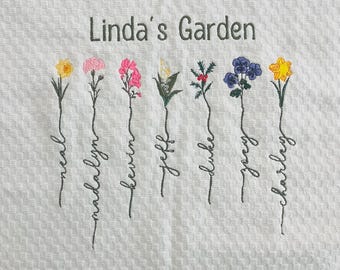 Embroidered Birth Flower Kitchen Towel: Personalized Grandma's Garden Gift