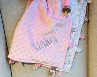 Bigger Tag Cuddle Blanket, Personalized Baby Blanket, Custom Minky and Flannel Baby Shower Gift - Embroidered Plush Blanket