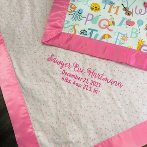 May include: A pink baby blanket with a white satin border. The blanket is decorated with a pink and white star pattern. The satin border has a white panel with a colorful alphabet pattern and animal illustrations. The blanket is personalized with the name "Sawyer Eve Hartmann", the date "December 21, 2023", and the baby's weight and length: "6 lbs, 4oz: 21.5. in".