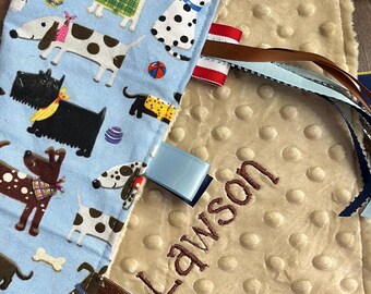 Dog Puppy Lover Customized Minky Flannel Tag Ribbons Baby Blanket – Shower Gift Ideas